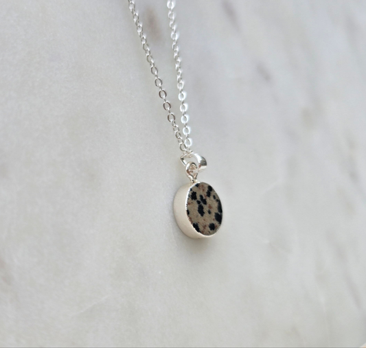 silver dalmatian jasper circle stone pendant necklace