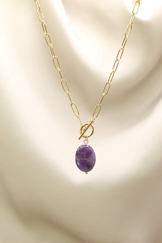 Gold T bar chain necklace with amethyst