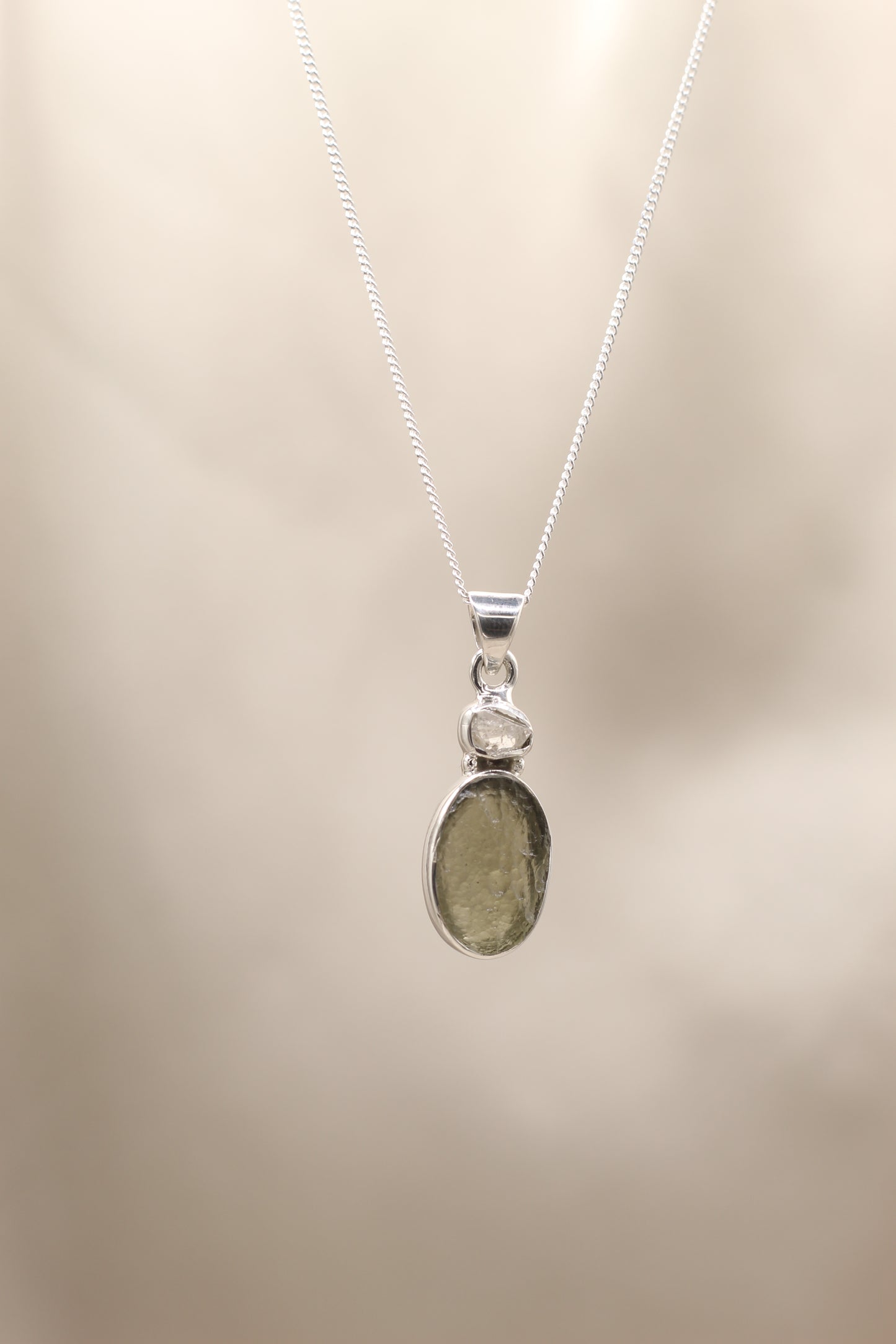 Moldavite Oval & Herkimer Necklace | Sterling Silver