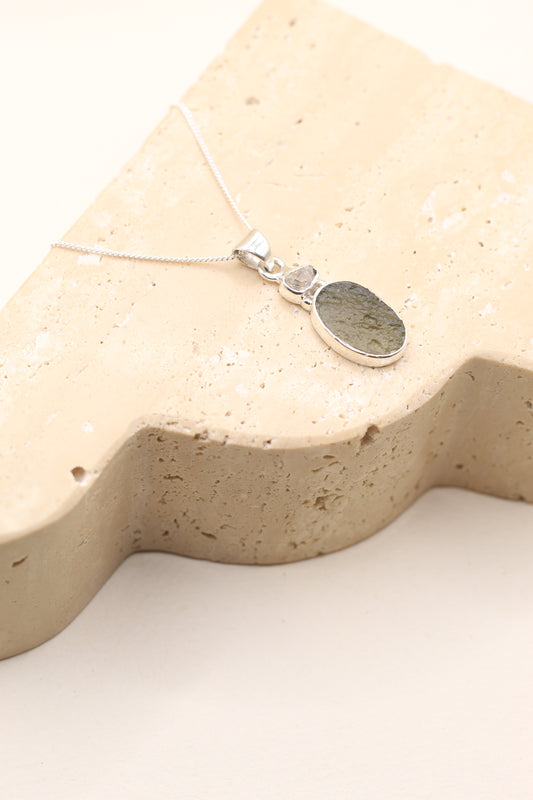Moldavite Oval & Herkimer Necklace | Sterling Silver