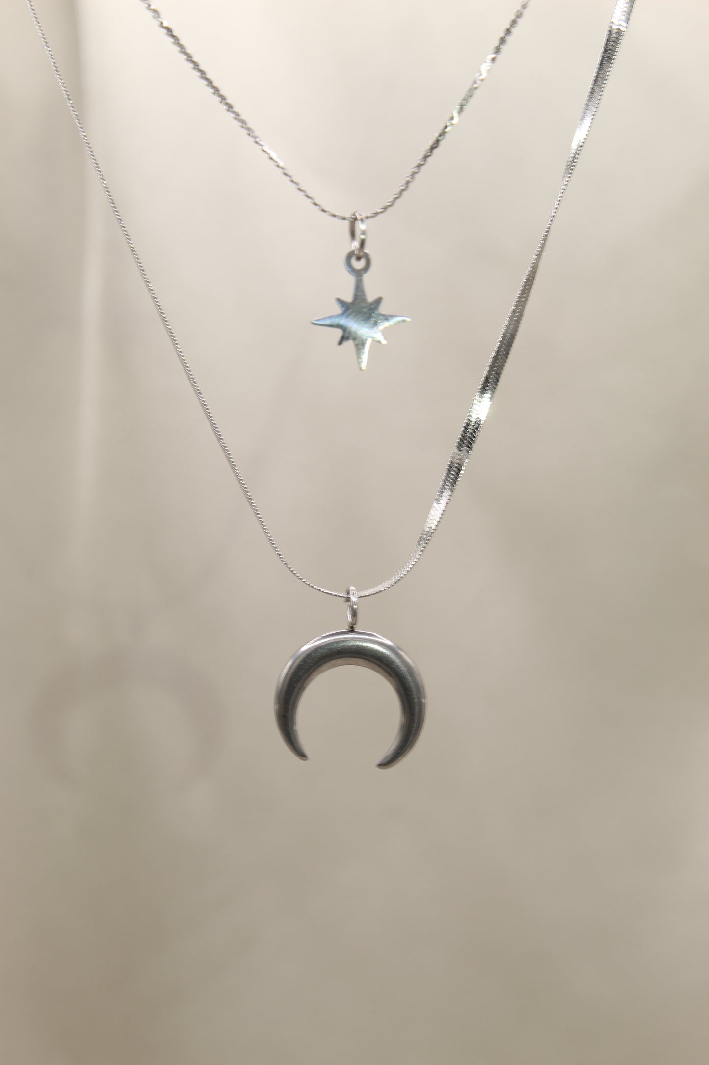 Silver double chain moon & star necklace