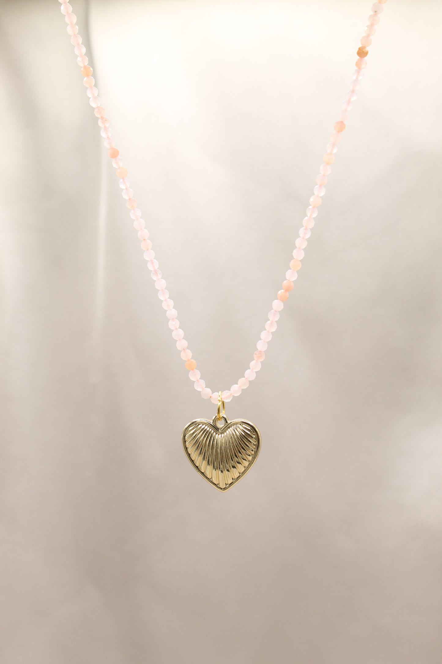 Pink opal Beaded necklace with gold heart pendant