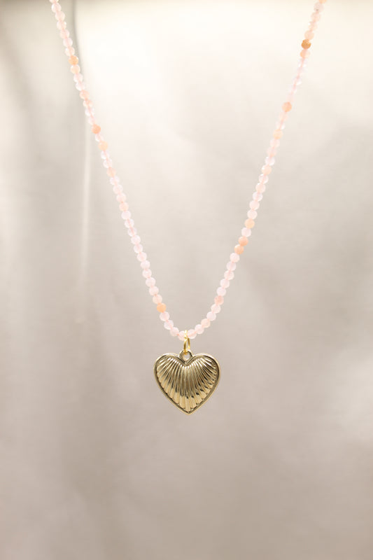Compassion & Self Love | Pink opal Beaded necklace with gold heart pendant