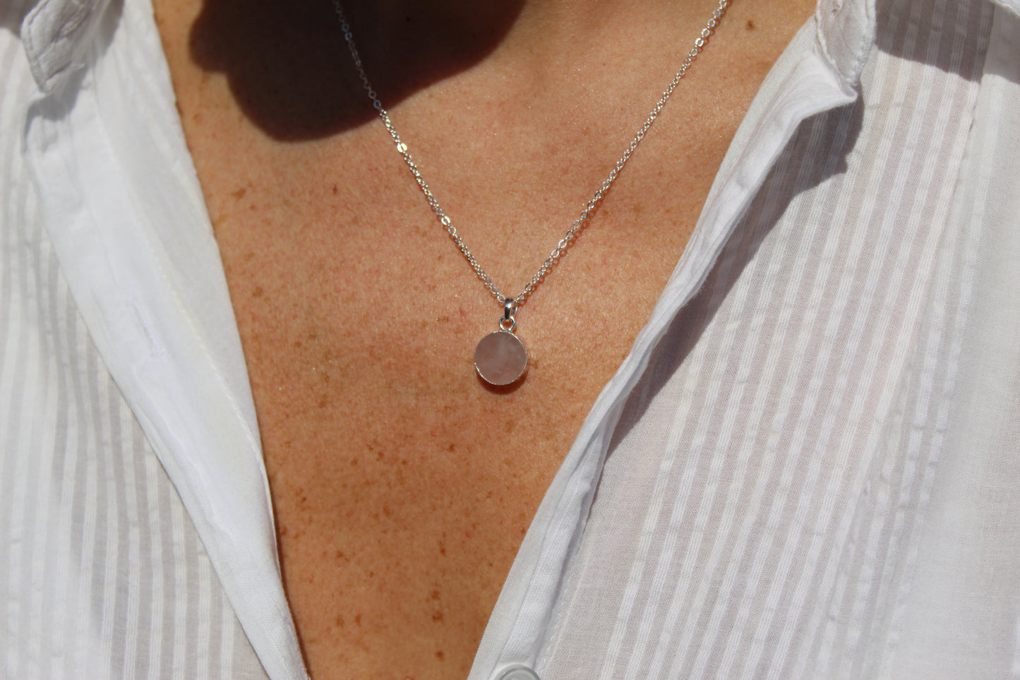 silver rose quartz circle stone pendant necklace