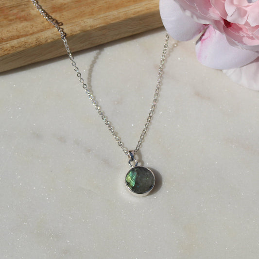 silver labradorite circle stone pendant necklace