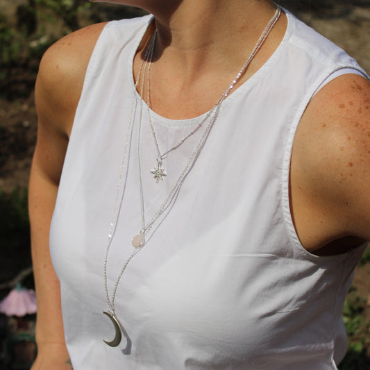 moon & star silver necklace with rose quartz