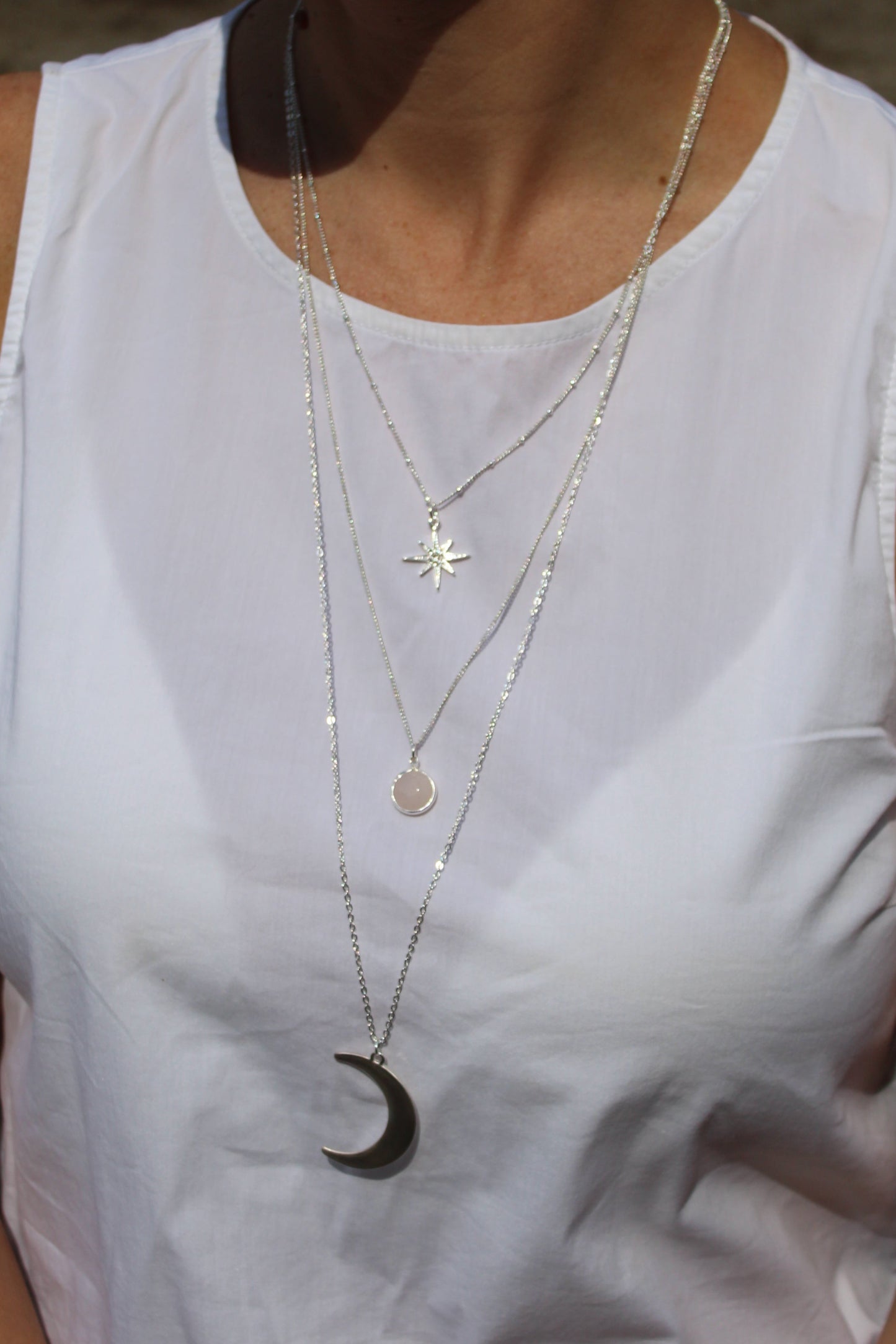 moon & star silver necklace with rose quartz