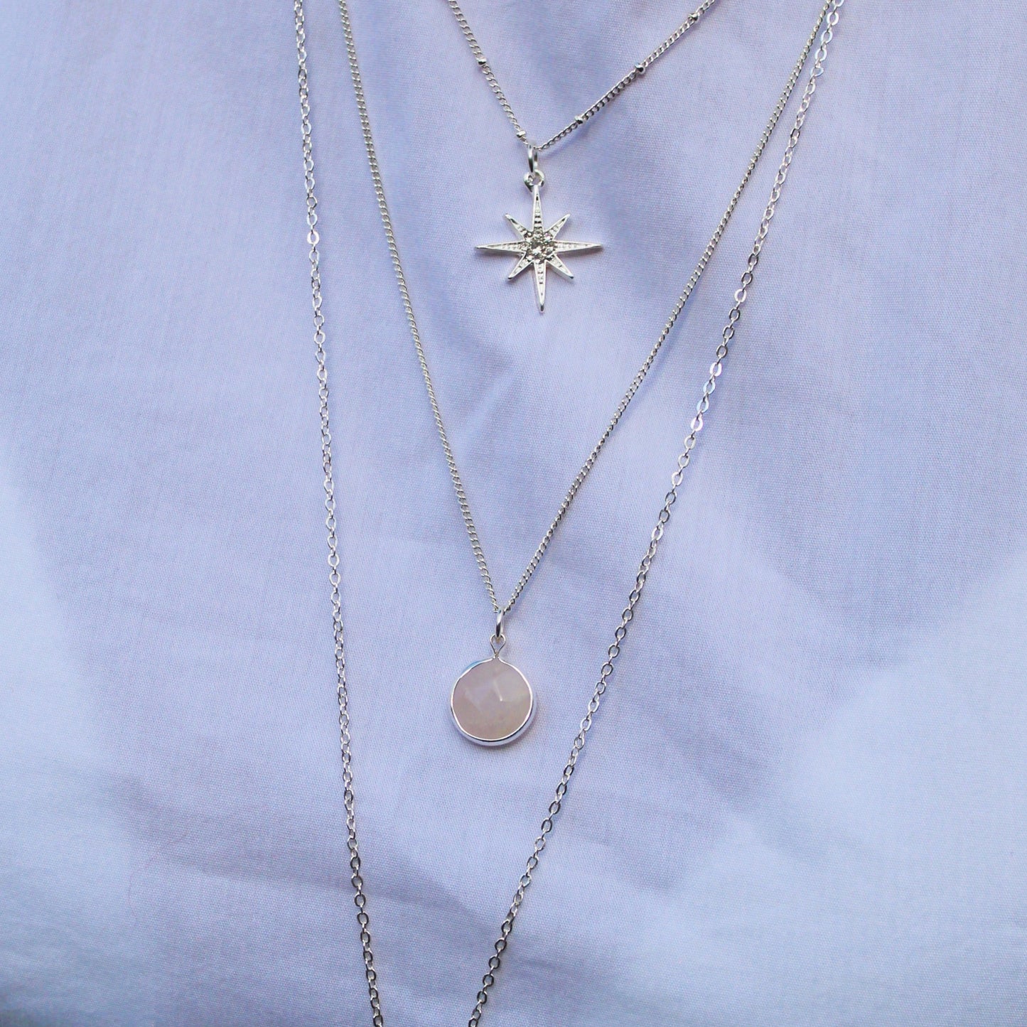 moon & star silver necklace with rose quartz