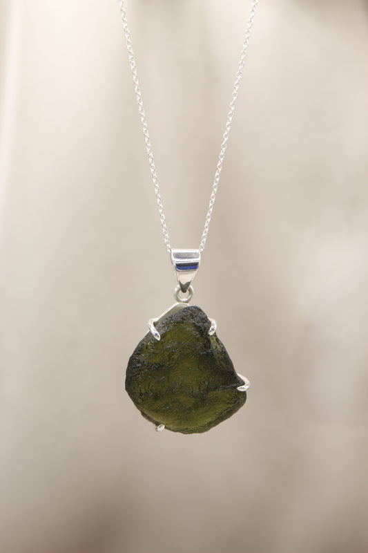 Sterling Silver Pure Moldavite Necklace – 18" Chain | One-of-a-Kind Cosmic Energy