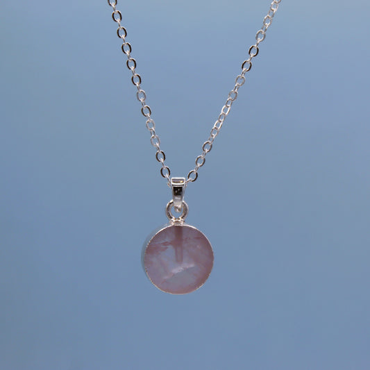 Love & emotional healing | silver rose quartz circle stone pendant necklace