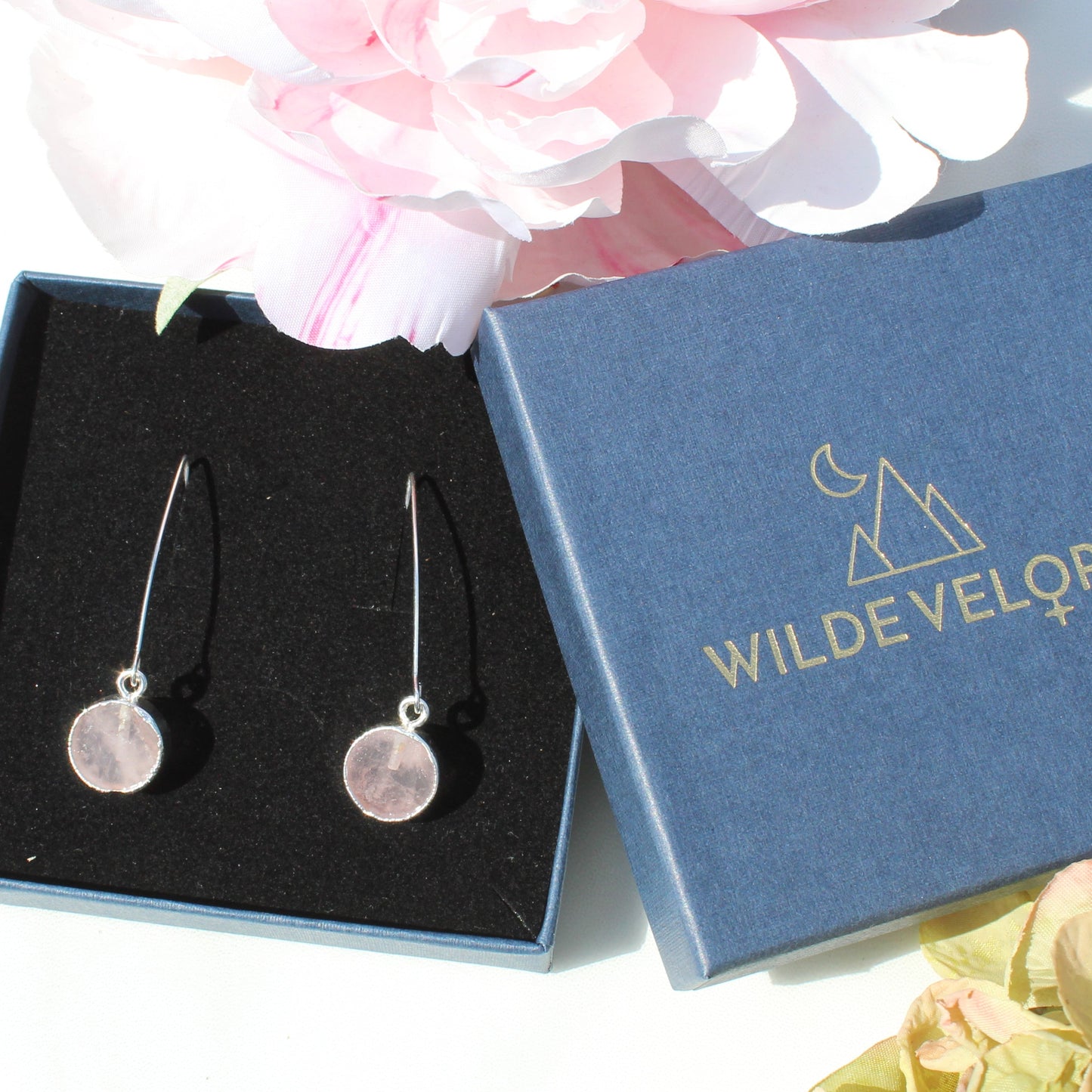 silver rose quartz circle drop earrings