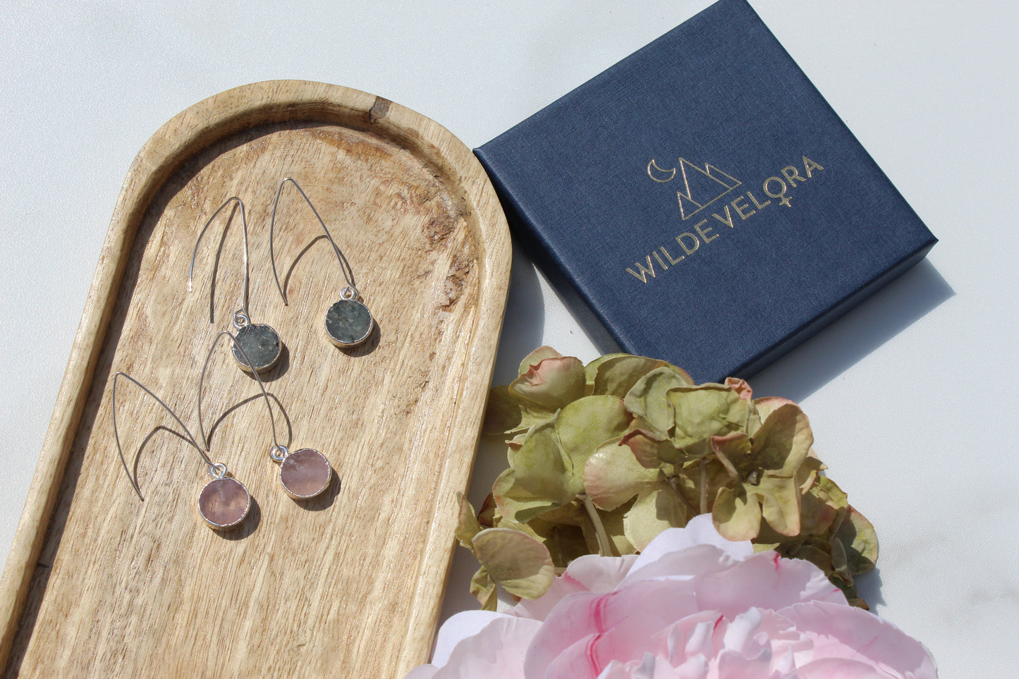 silver rose quartz circle drop earrings