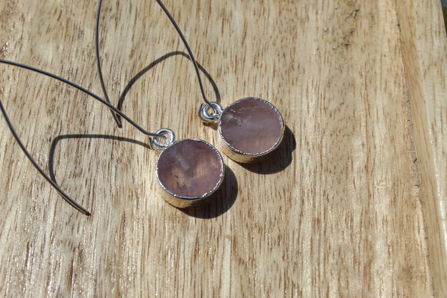silver rose quartz circle drop earrings