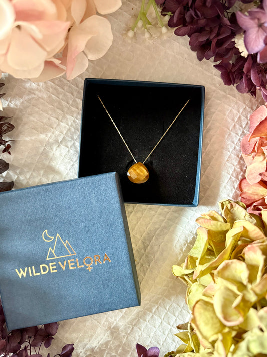 Tigers Eye Droplet Crystal 14K Gold Plated Necklace