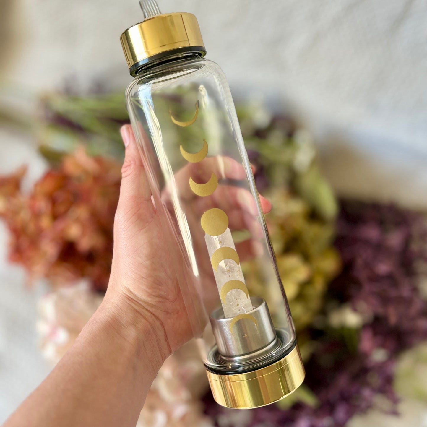 Moon Phase Crystal Glass Water Bottle