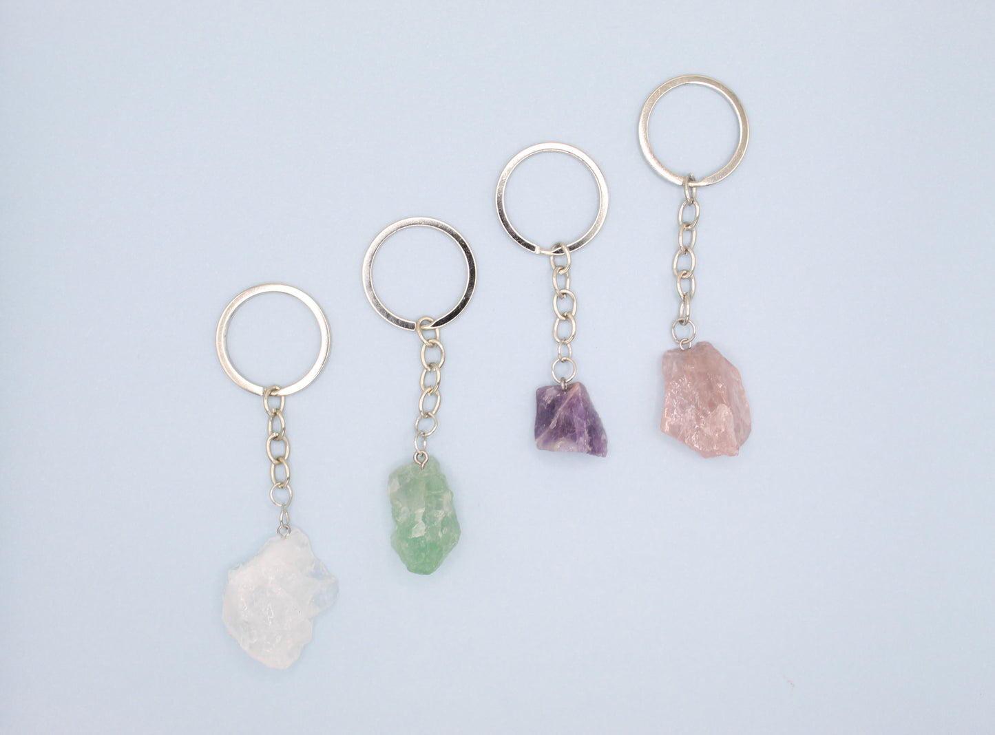 crystal keyrings clear quartz, aventurine, amethyst and rose quartz