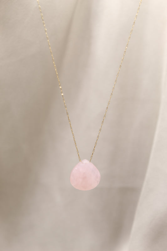 Rose Quartz Droplet Crystal 14K Gold Plated Necklace