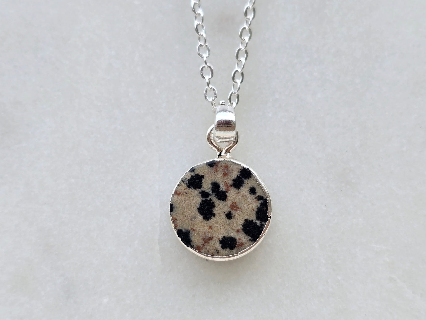 silver dalmatian jasper circle stone pendant necklace