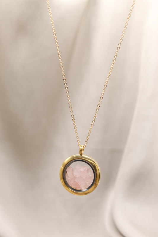 Rose quartz gold locket necklace