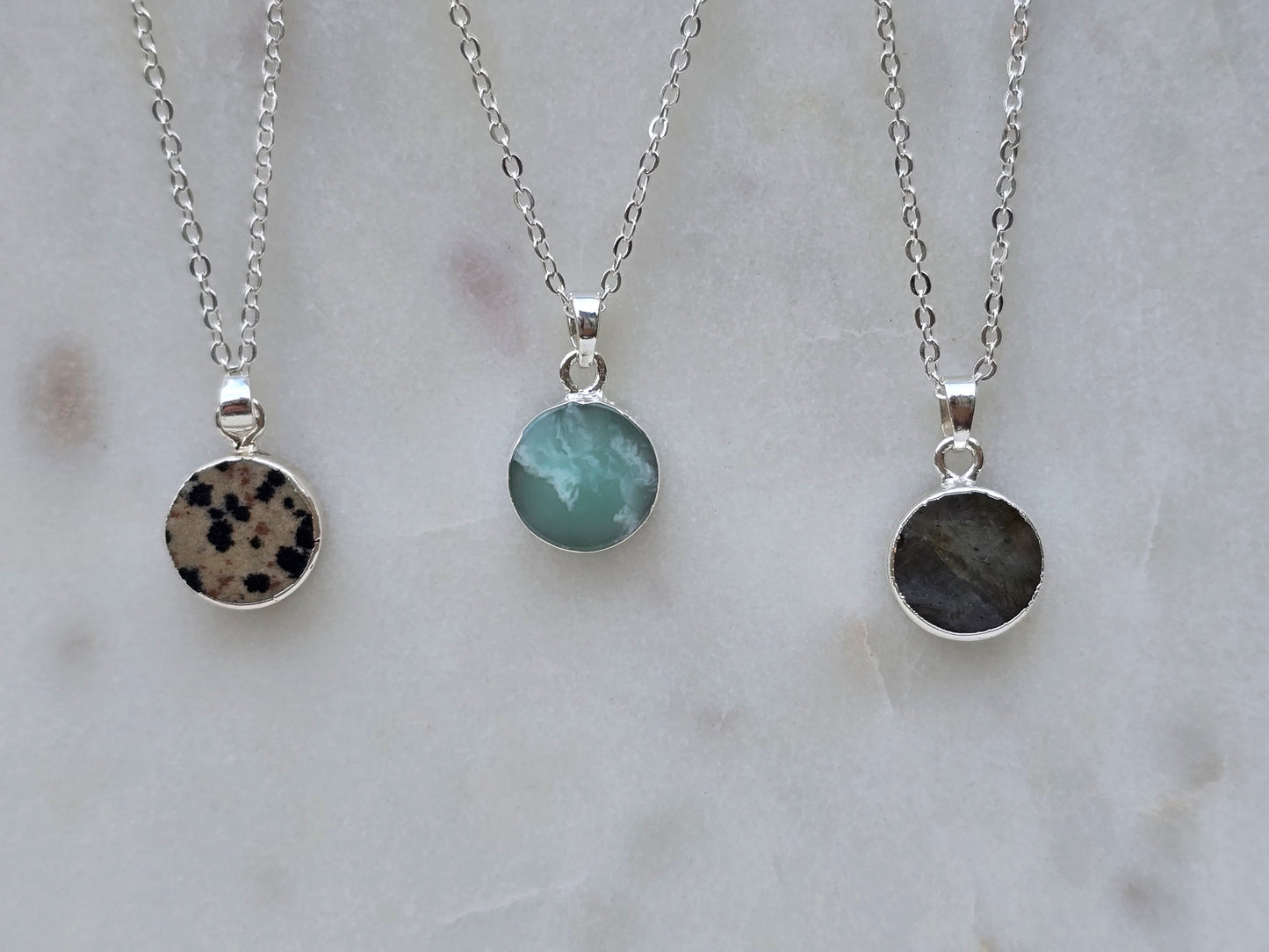 silver dalmatian jasper circle stone pendant necklace