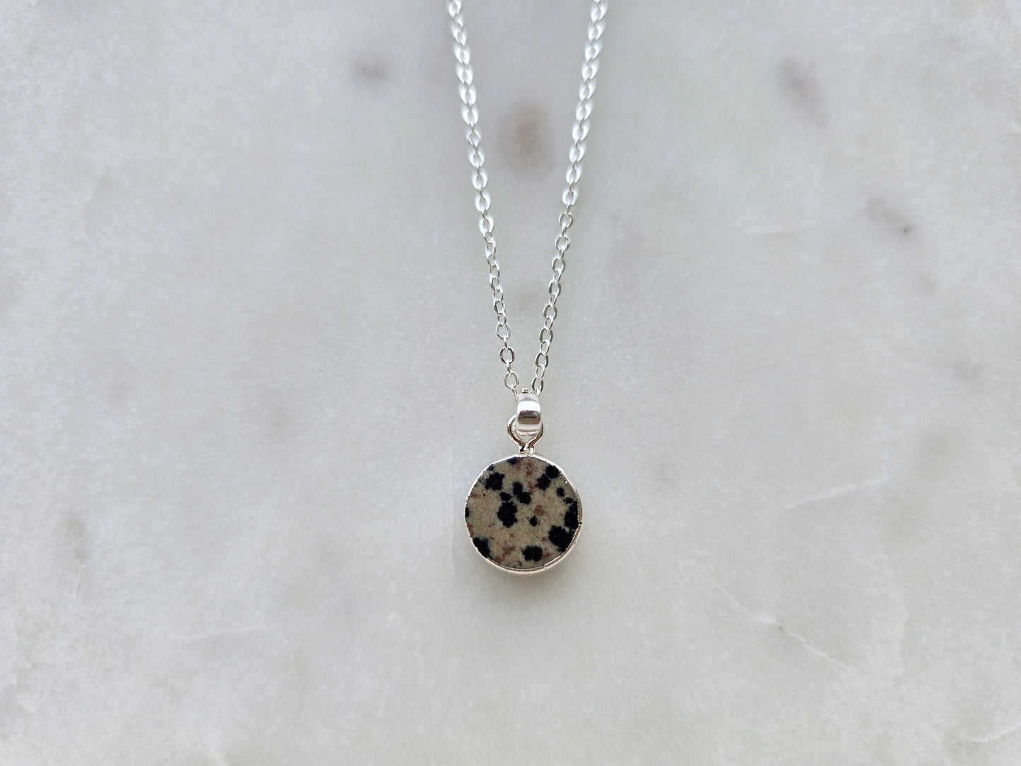 silver dalmatian jasper circle stone pendant necklace