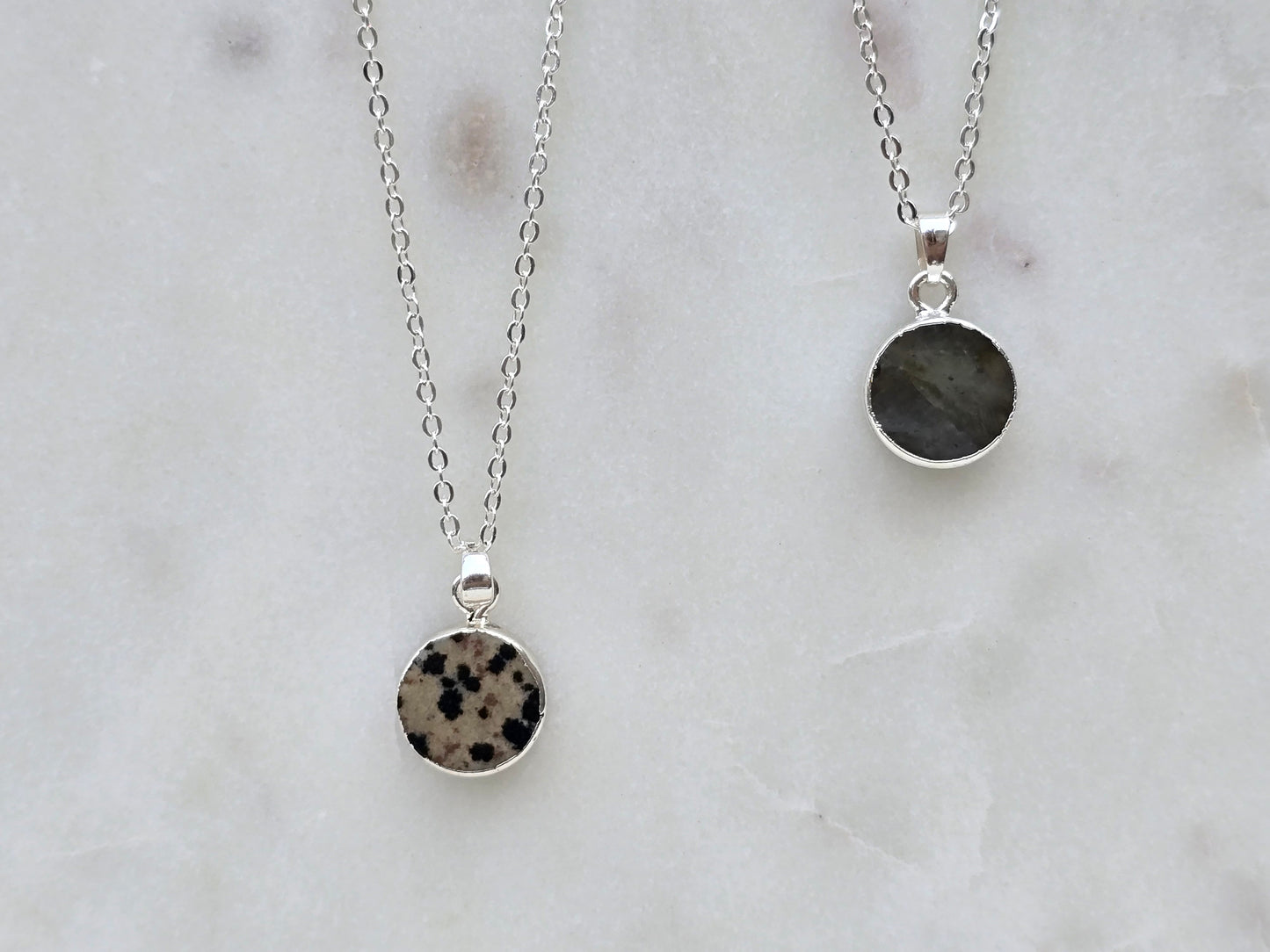 silver dalmatian jasper circle stone pendant necklace
