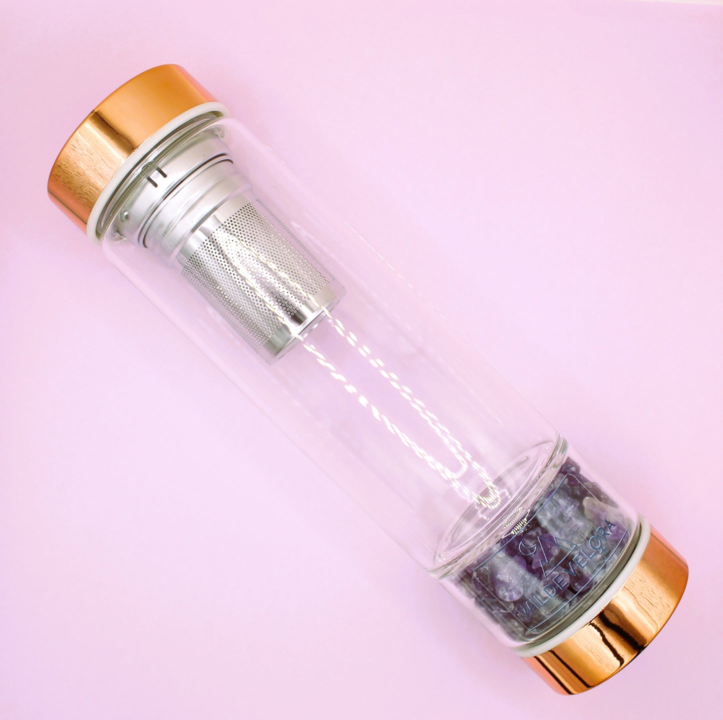 Crystal Glass Tea Infuser Bottle - Rose Gold & Amethyst