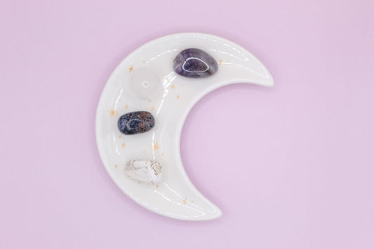 lunar crystal healing set, amethyst, clear quartz, sodalite & howlite on moon dish.