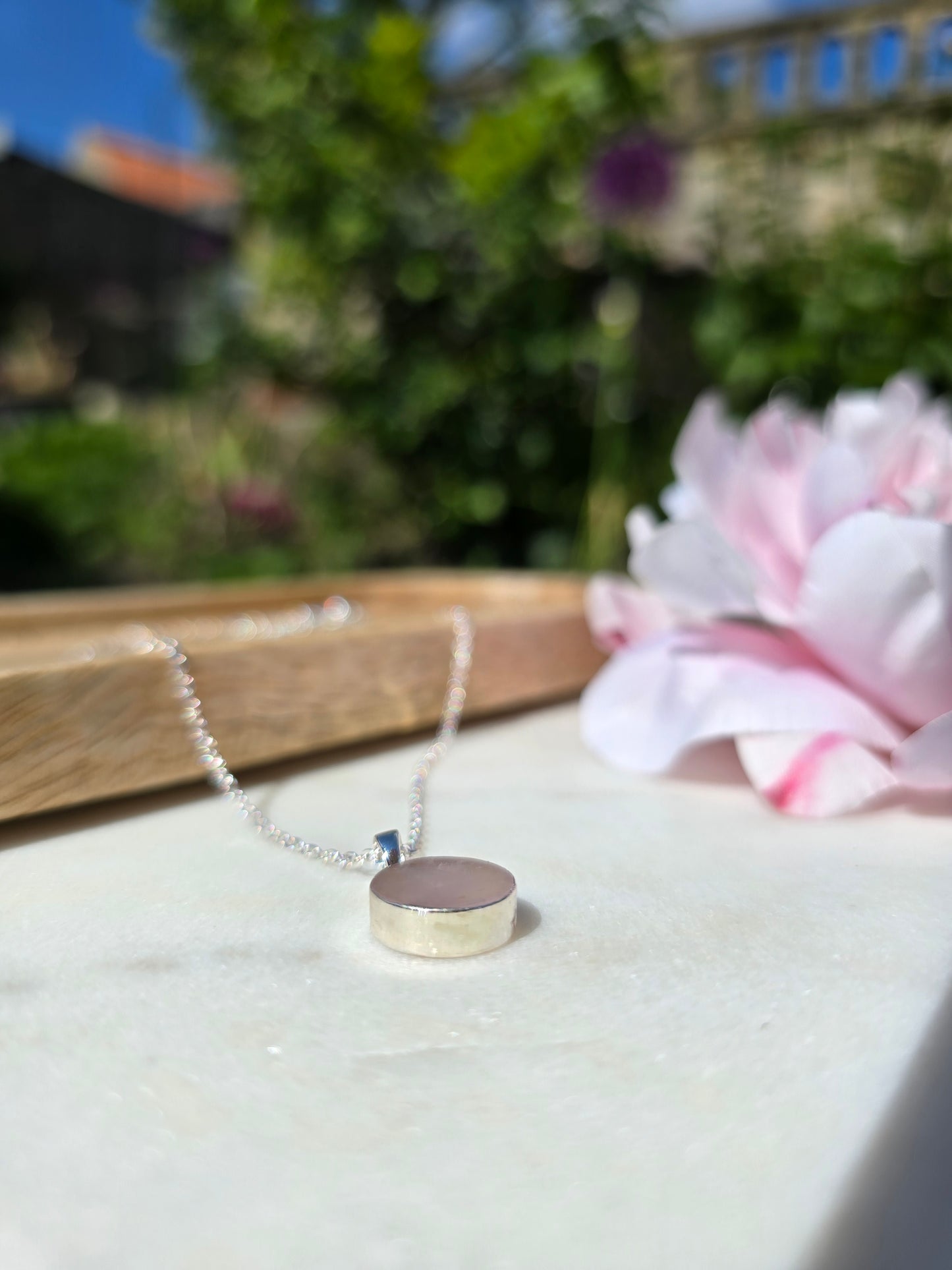silver rose quartz circle stone pendant necklace