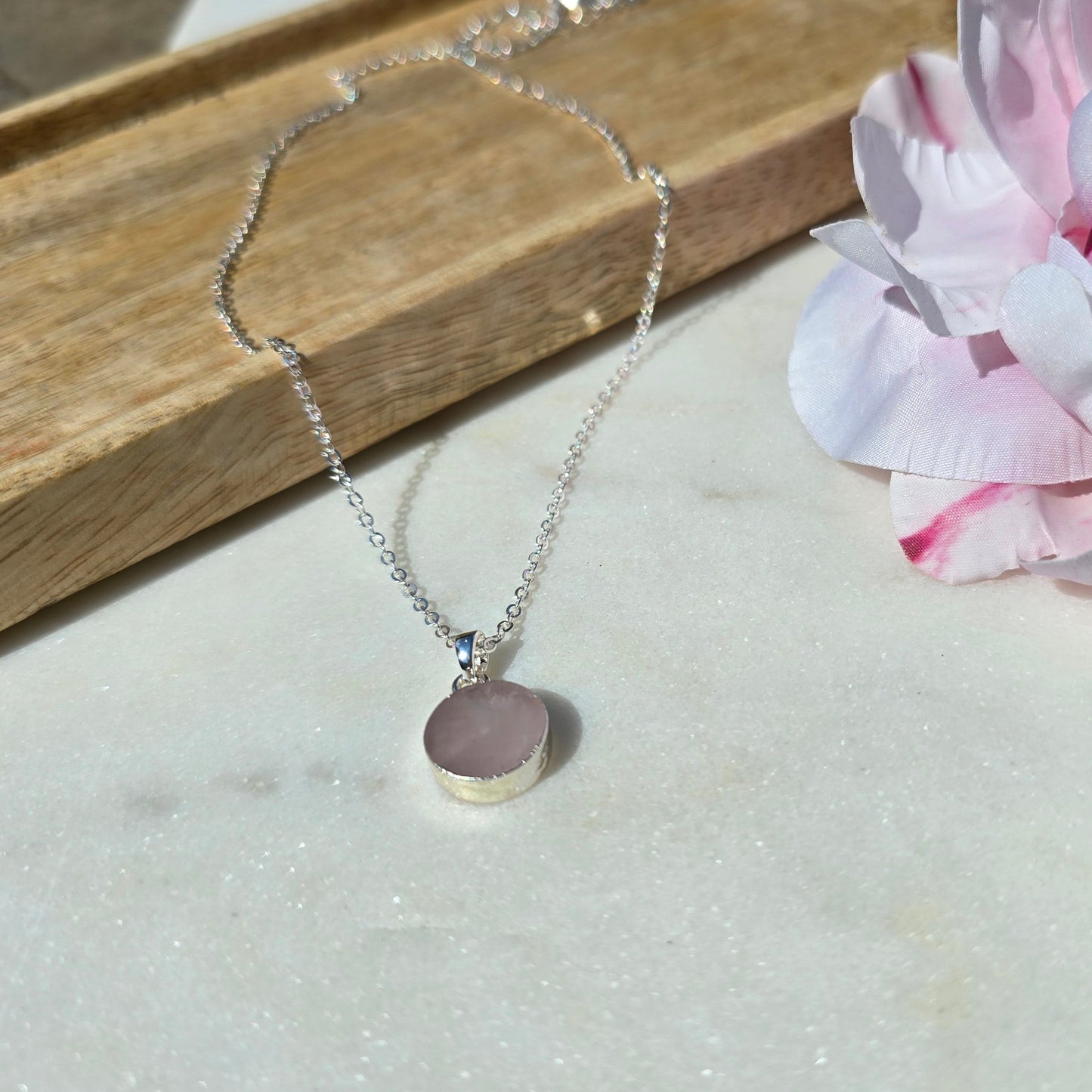 silver rose quartz circle stone pendant necklace