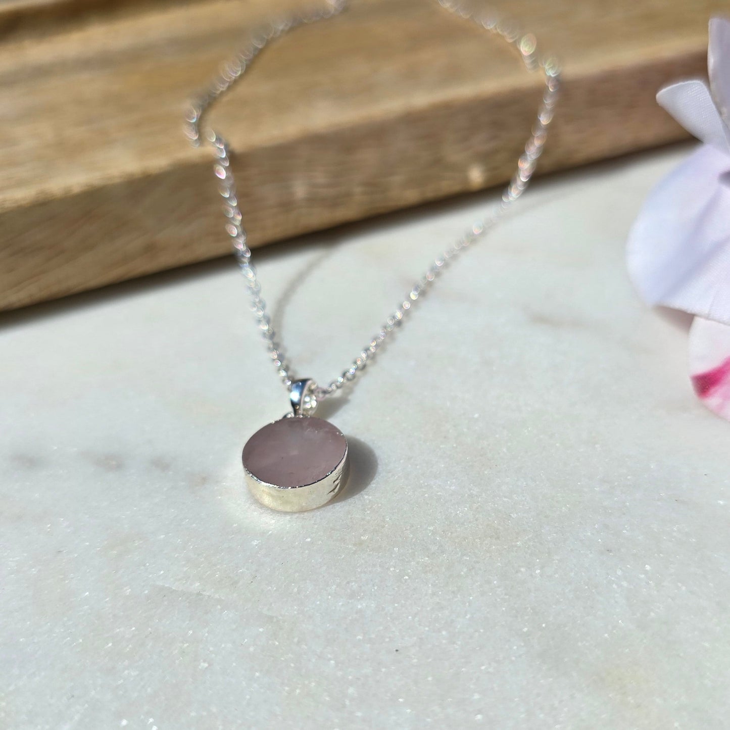 silver rose quartz circle stone pendant necklace