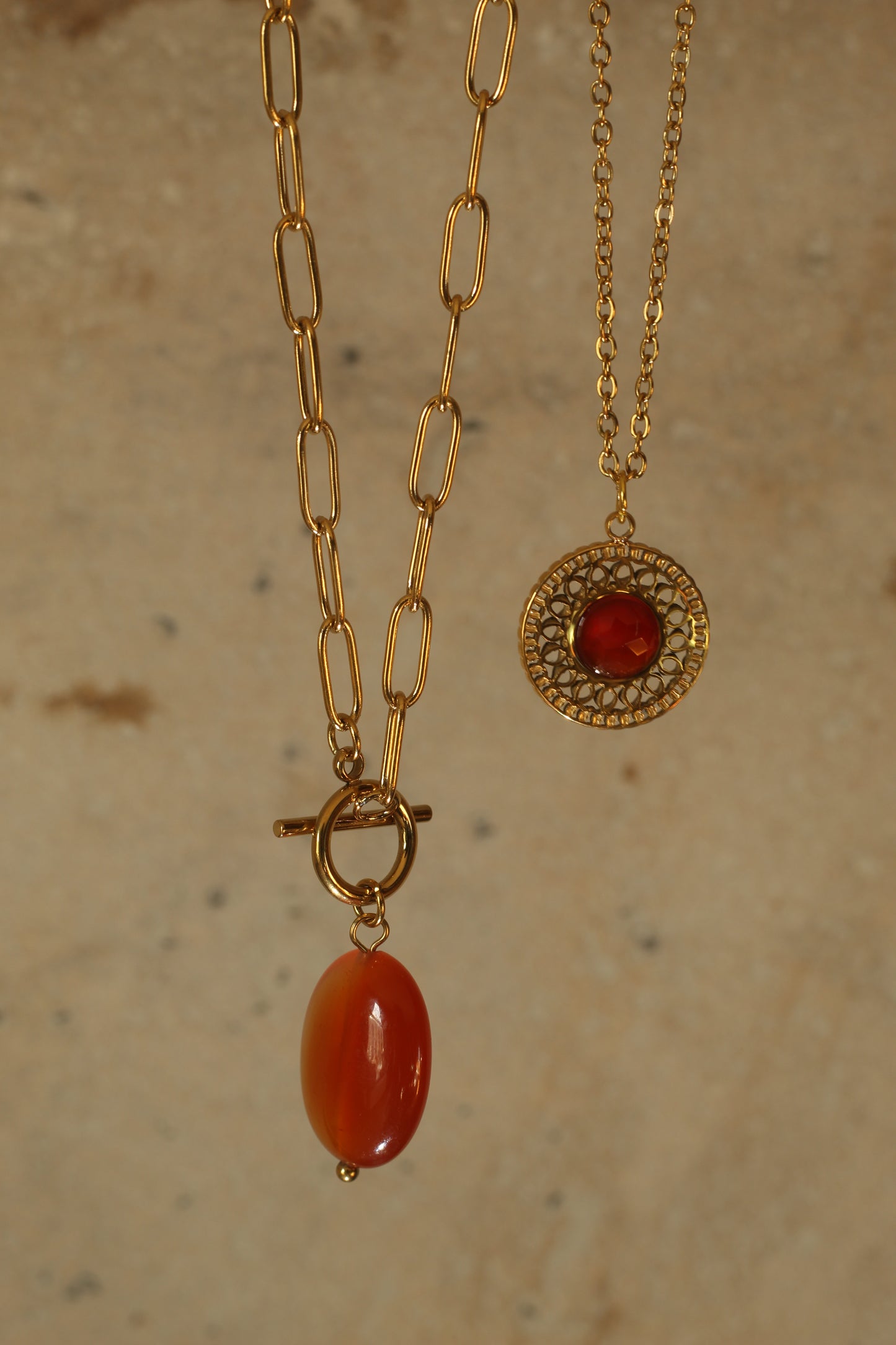 Gold T bar chain necklace with carnelian