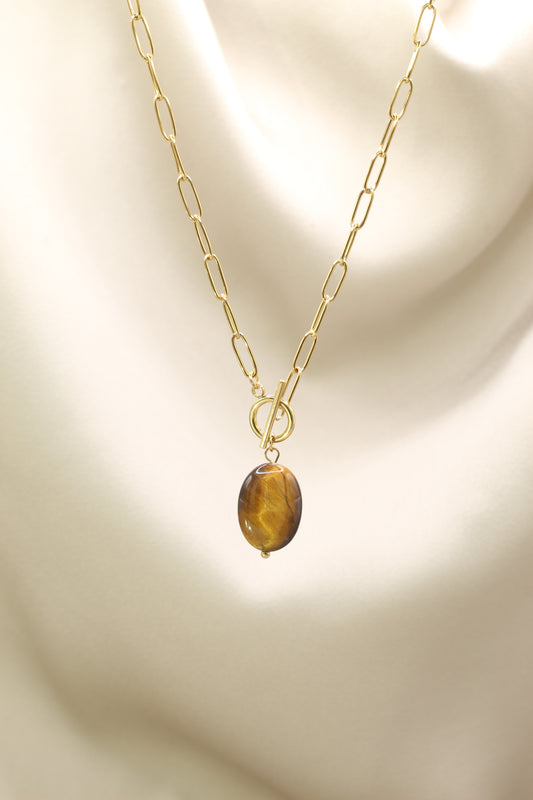 Gold T bar chain necklace with tigers eye