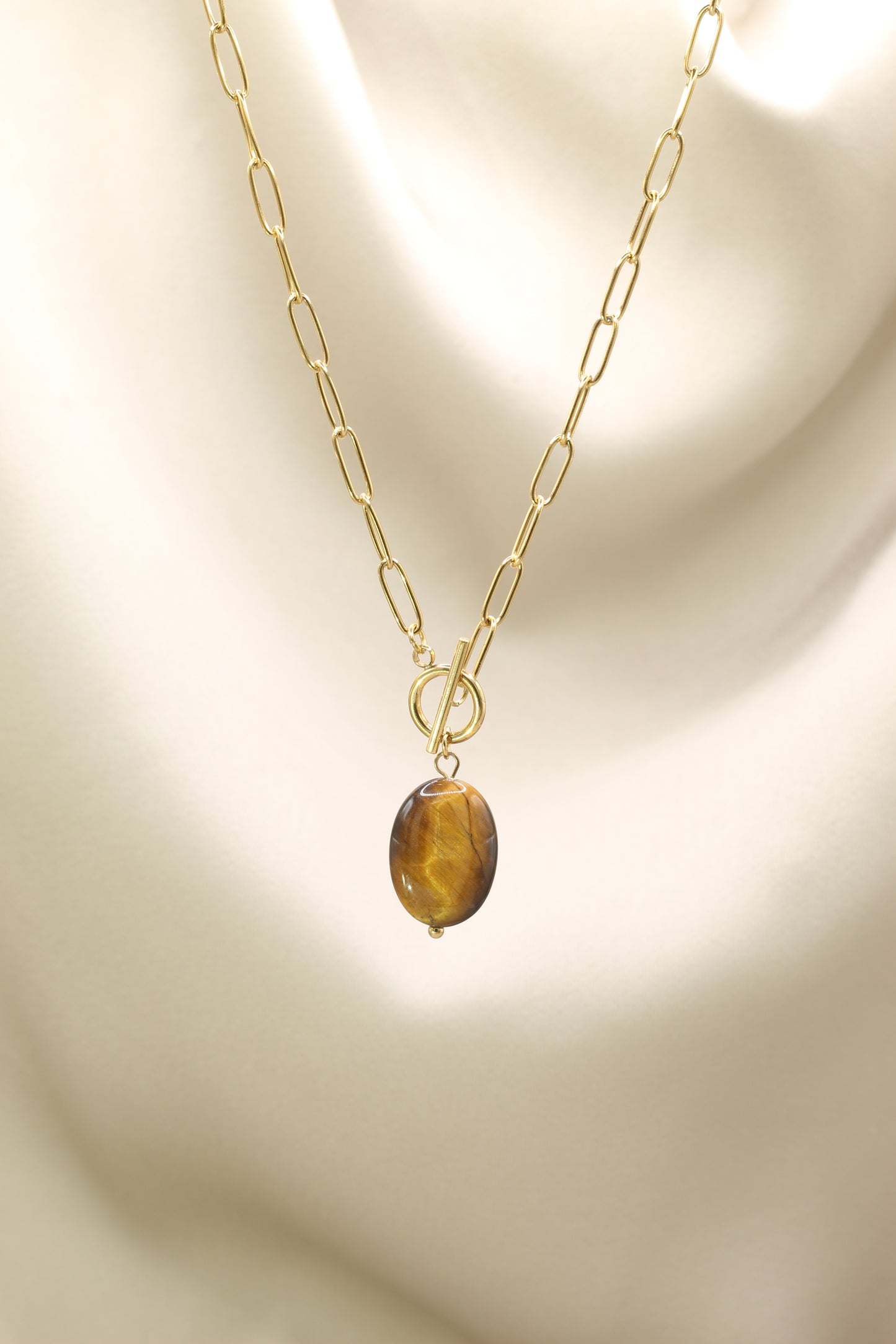 Gold T bar chain necklace with tigers eye