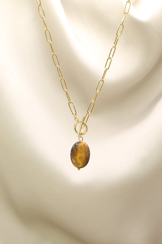 Gold T bar chain necklace with tigers eye