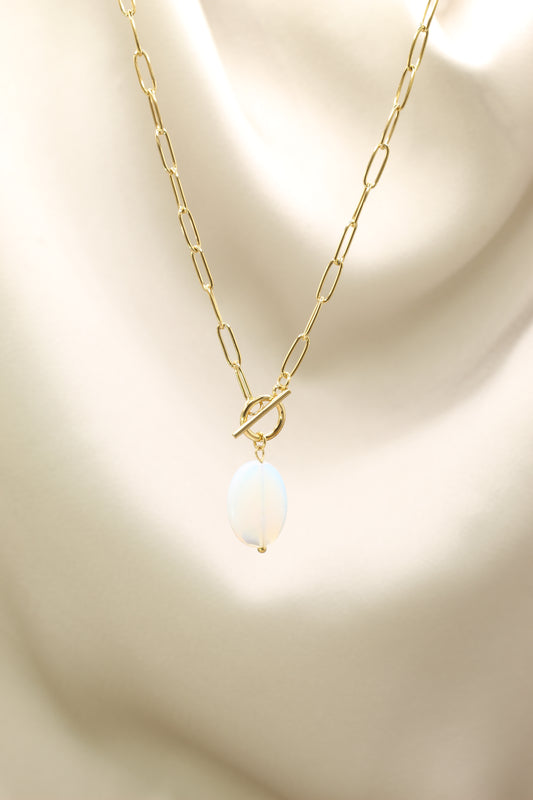 Gold T bar chain necklace with opal