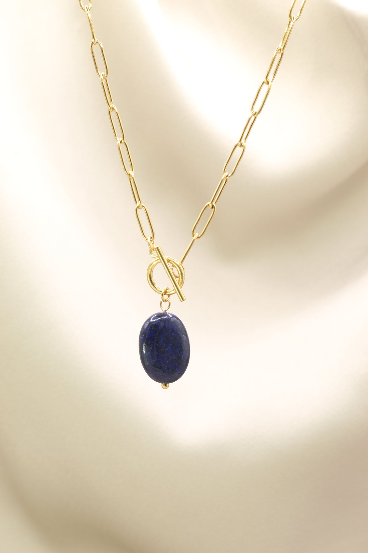 Gold T bar chain necklace with lapis lazuli