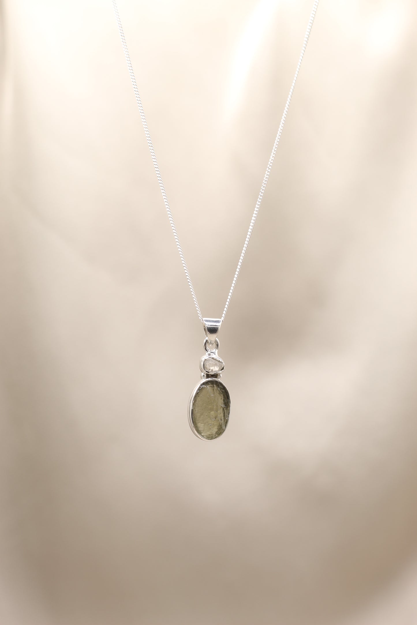 Moldavite Oval & Herkimer Necklace | Sterling Silver
