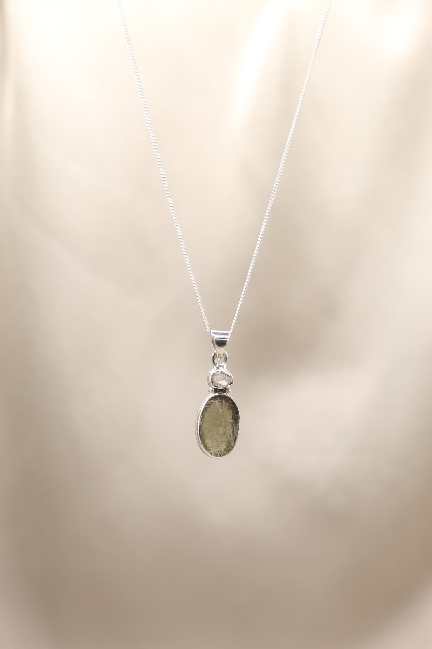 Moldavite Oval & Herkimer Necklace | Sterling Silver