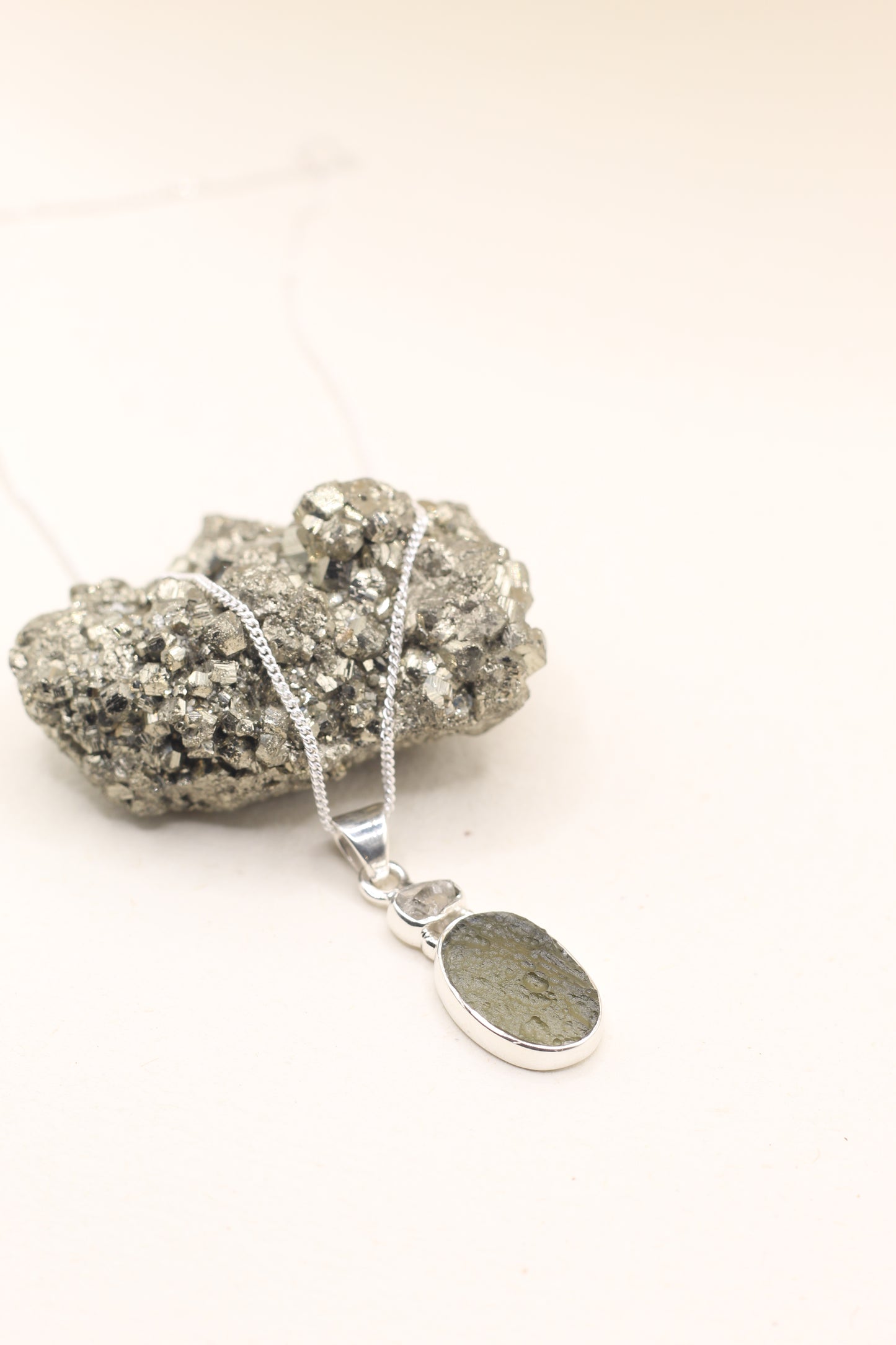 Moldavite Oval & Herkimer Necklace | Sterling Silver