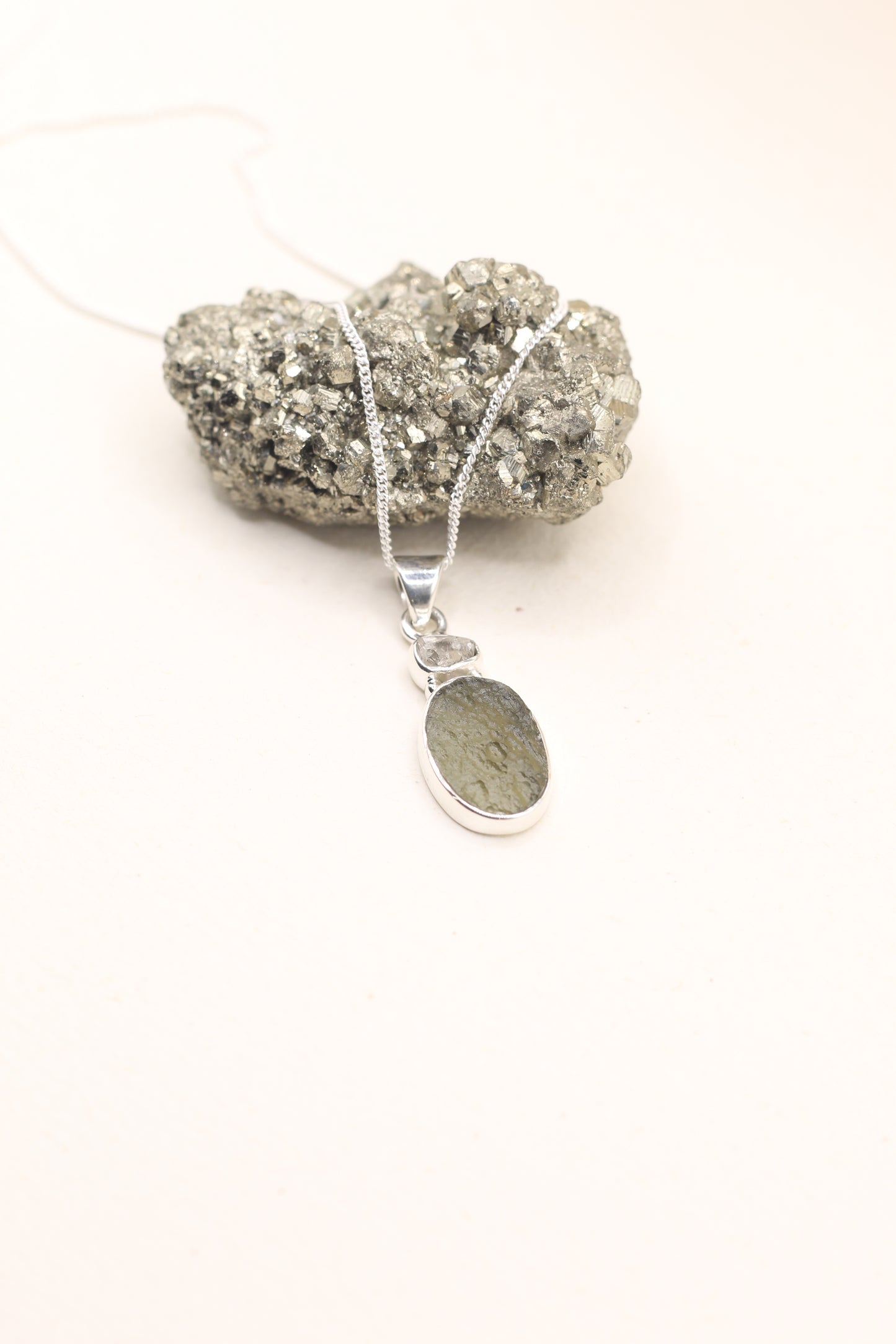 Moldavite Oval & Herkimer Necklace | Sterling Silver