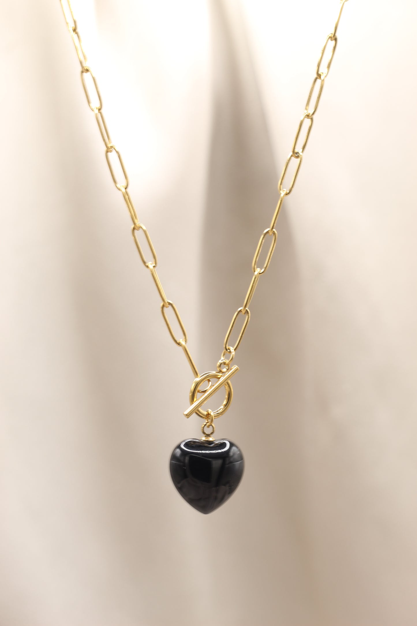 Grounding & Protection | Black Agate heart pendant gold Tbar Necklace