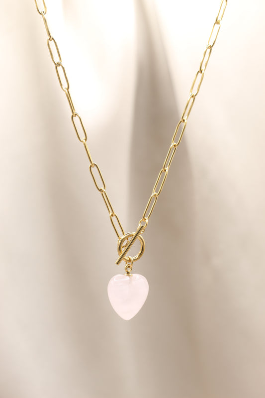 Love & emotional healing | Rose Quartz heart pendant gold Tbar necklace
