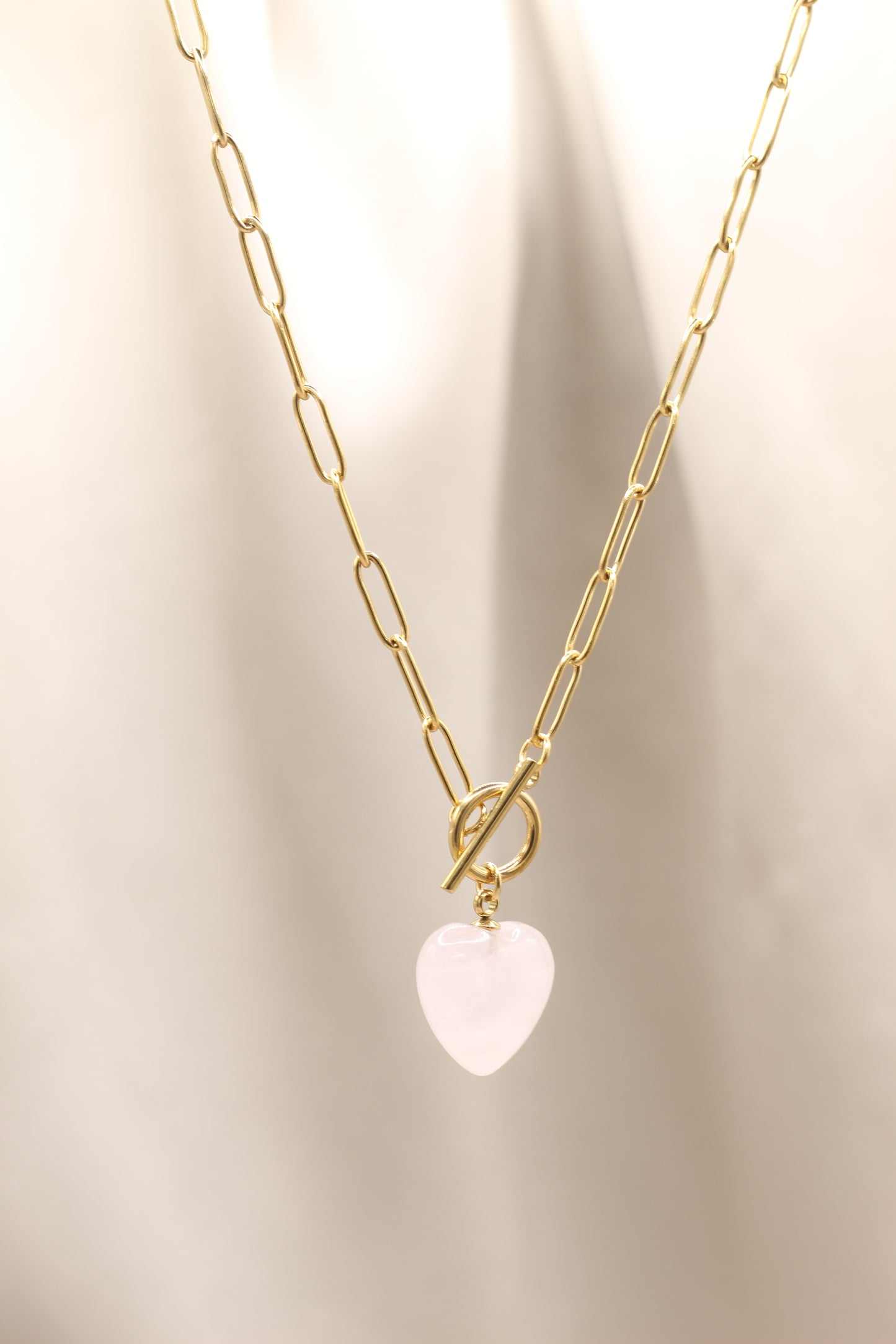 Love & emotional healing | Rose Quartz heart pendant gold Tbar necklace