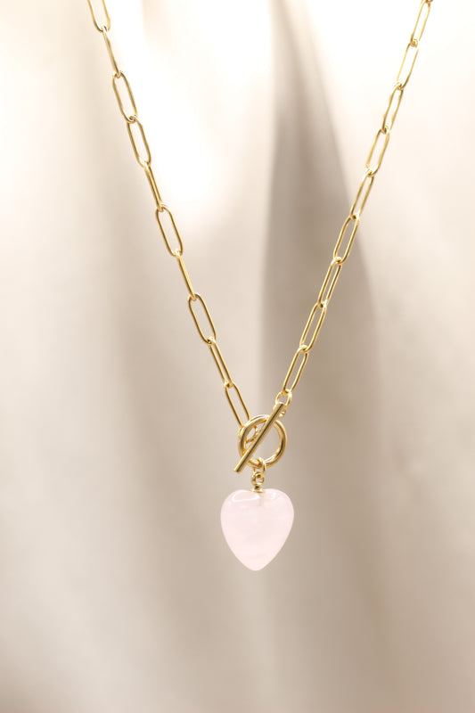 Love & emotional healing | Rose Quartz heart pendant gold Tbar necklace