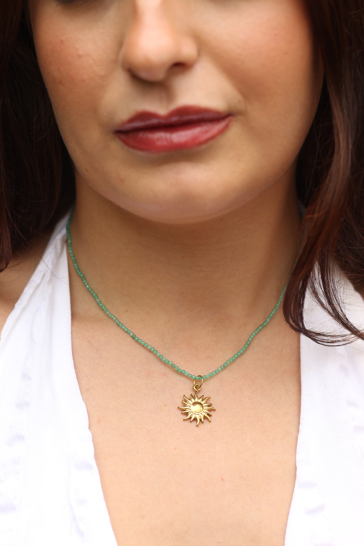 Positivity & Optimism | Green aventurine beaded necklace with gold sun pendant