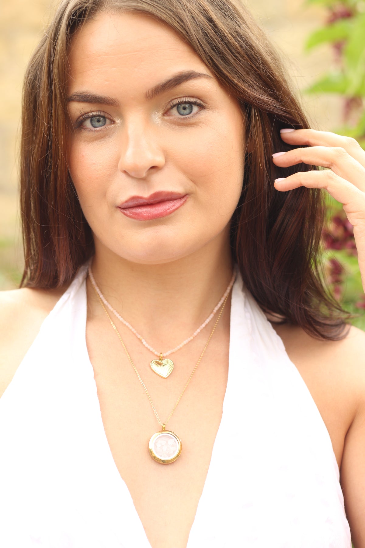 Compassion & Self Love | Pink opal Beaded necklace with gold heart pendant
