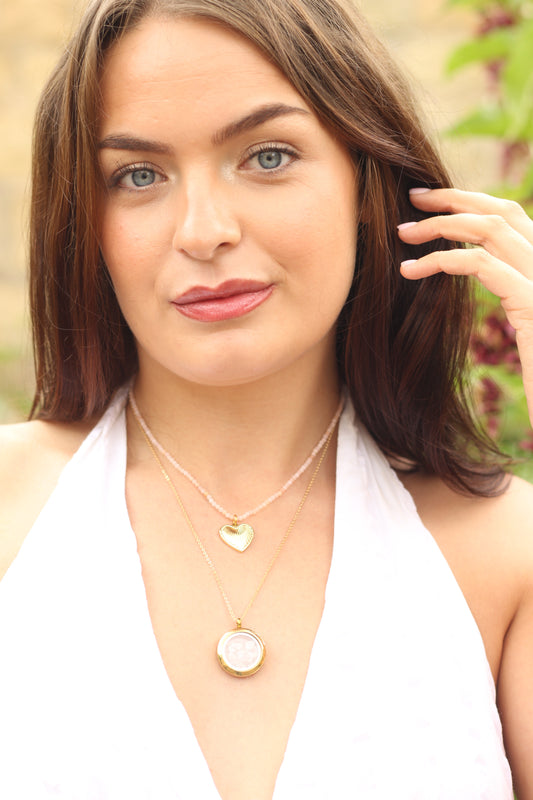 Compassion & Self Love | Pink opal Beaded necklace with gold heart pendant