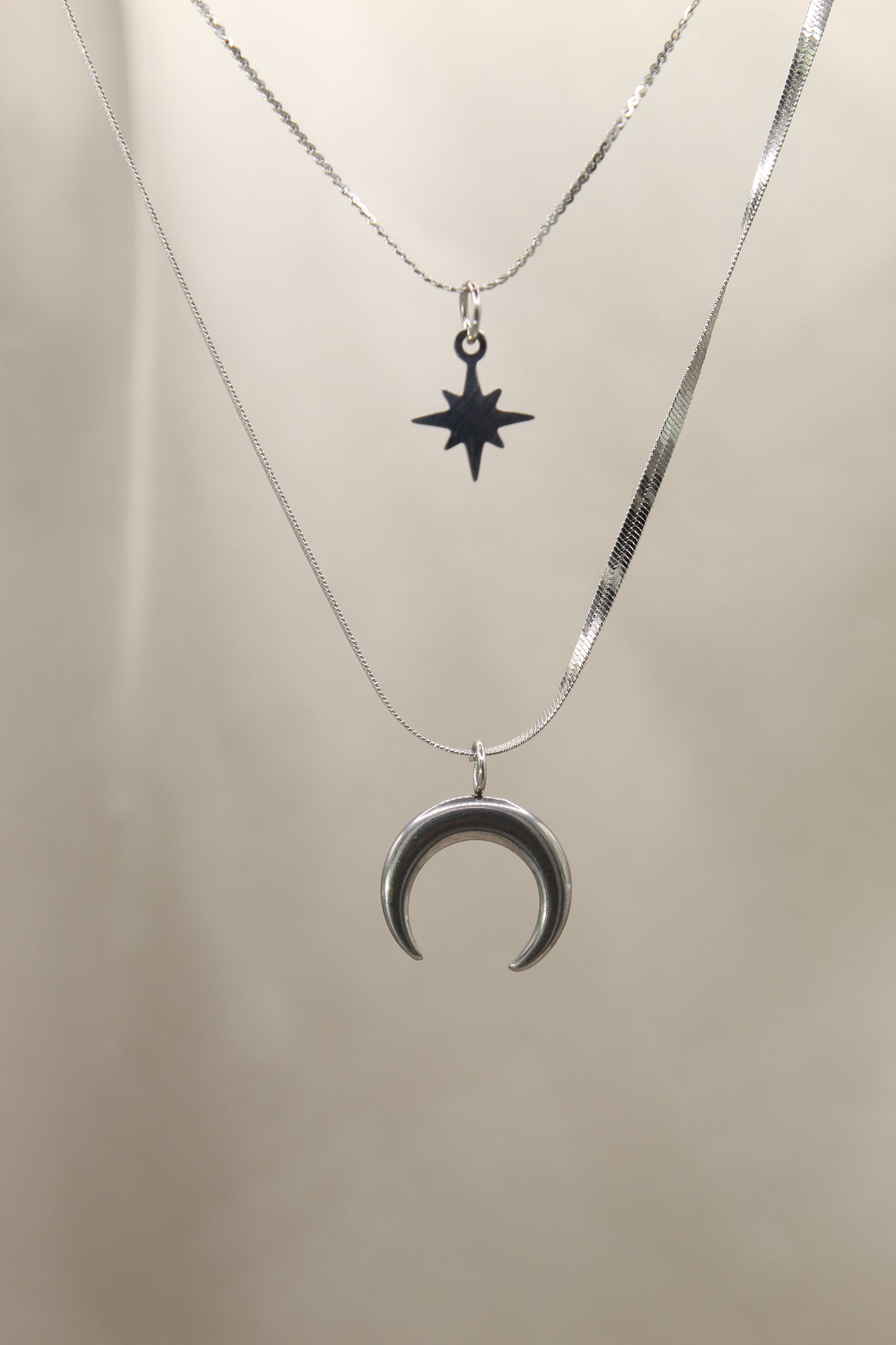 Silver double chain moon & star necklace