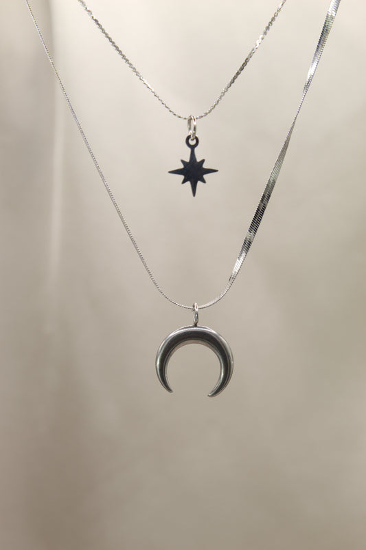 Silver double chain moon & star necklace